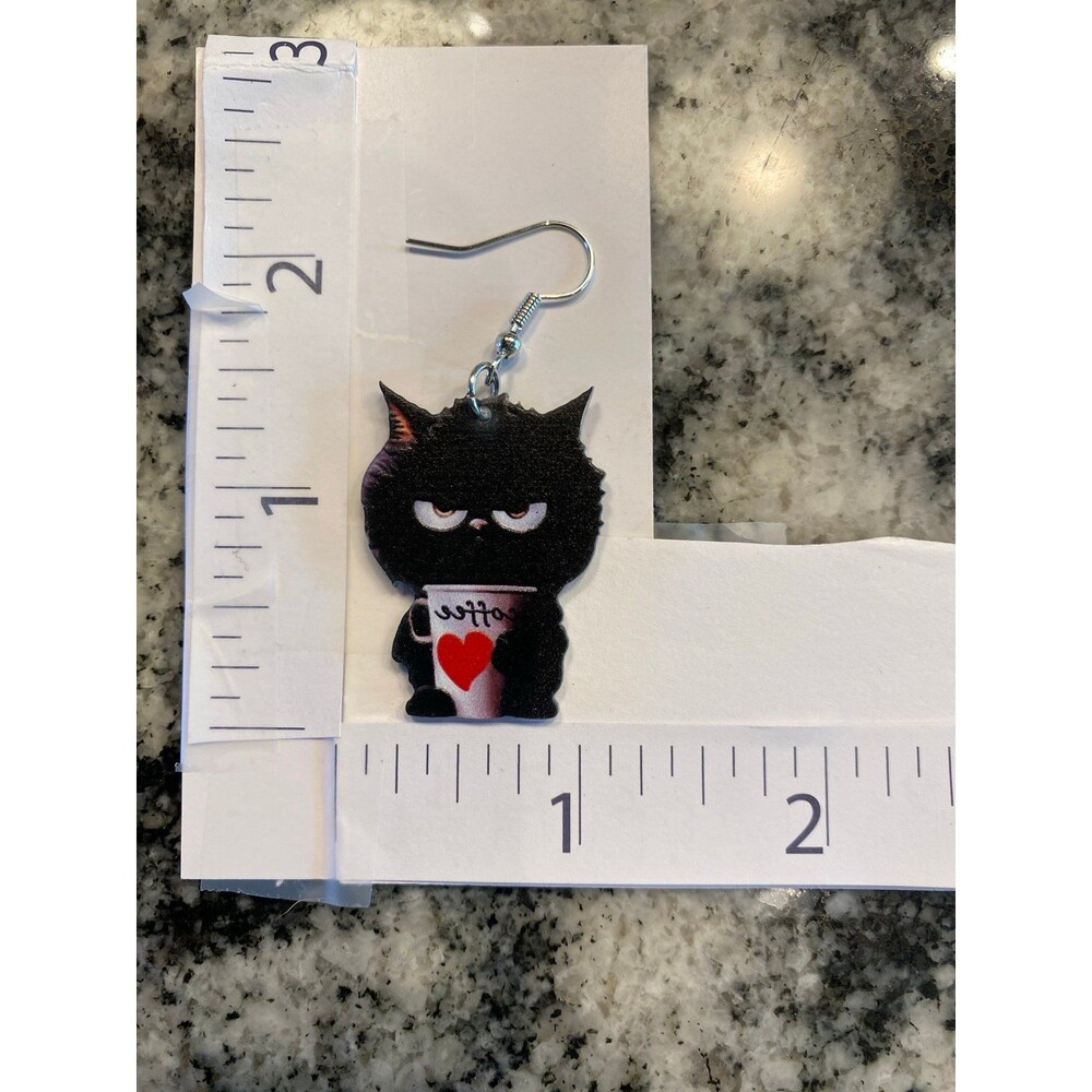 Earrings Black Crabby Coffee‎ Cat Cartoon Whimsical Kitty Acrylic Lightweight - Picture 5 of 5